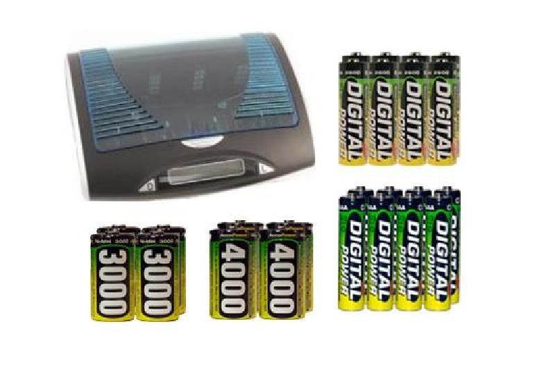 Super Universal LCD Battery Charger + 8 AA (2600 mAh) + 8 AAA (1200 mAh) + 4 C (3000 mAh) + 4 D (4000 mAh) AccuPower NiMH Batteries