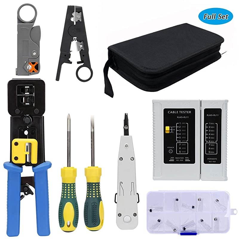 Network Tool Kit Set RJ1145 Crimping Tool Kit for CAT5CAT6Professional Computer Maintenacnce Lan Cable Tester Network Repair Tool Set Pack of 9