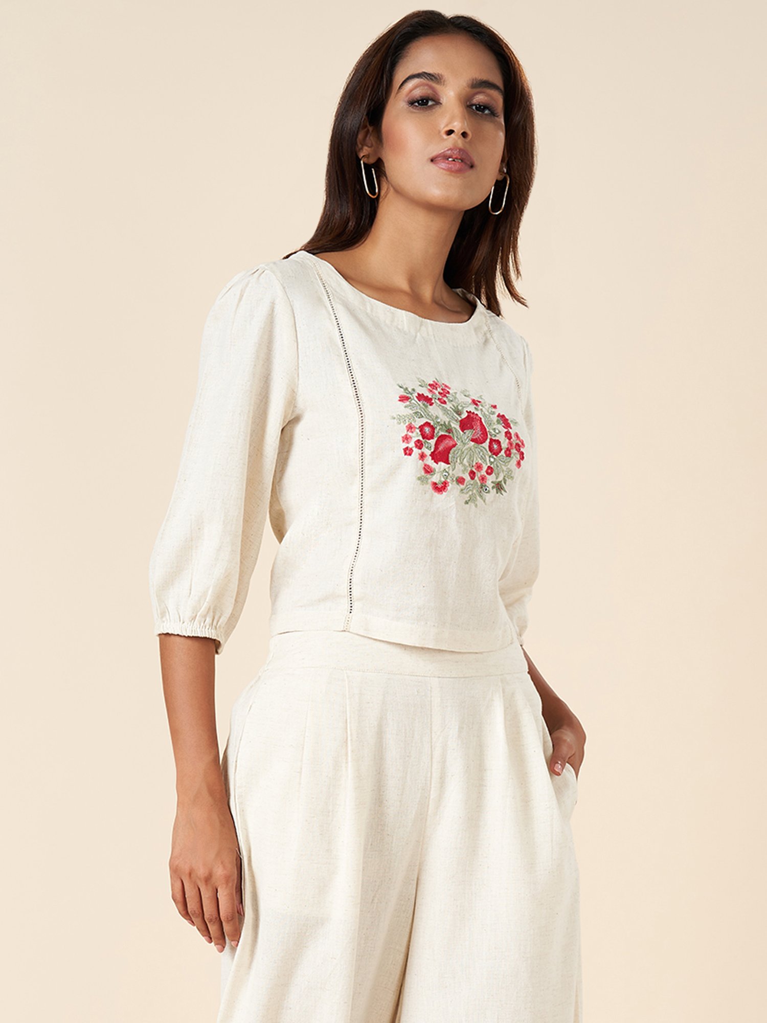 Akkriti by Pantaloons Cream Cotton Embroidered Top