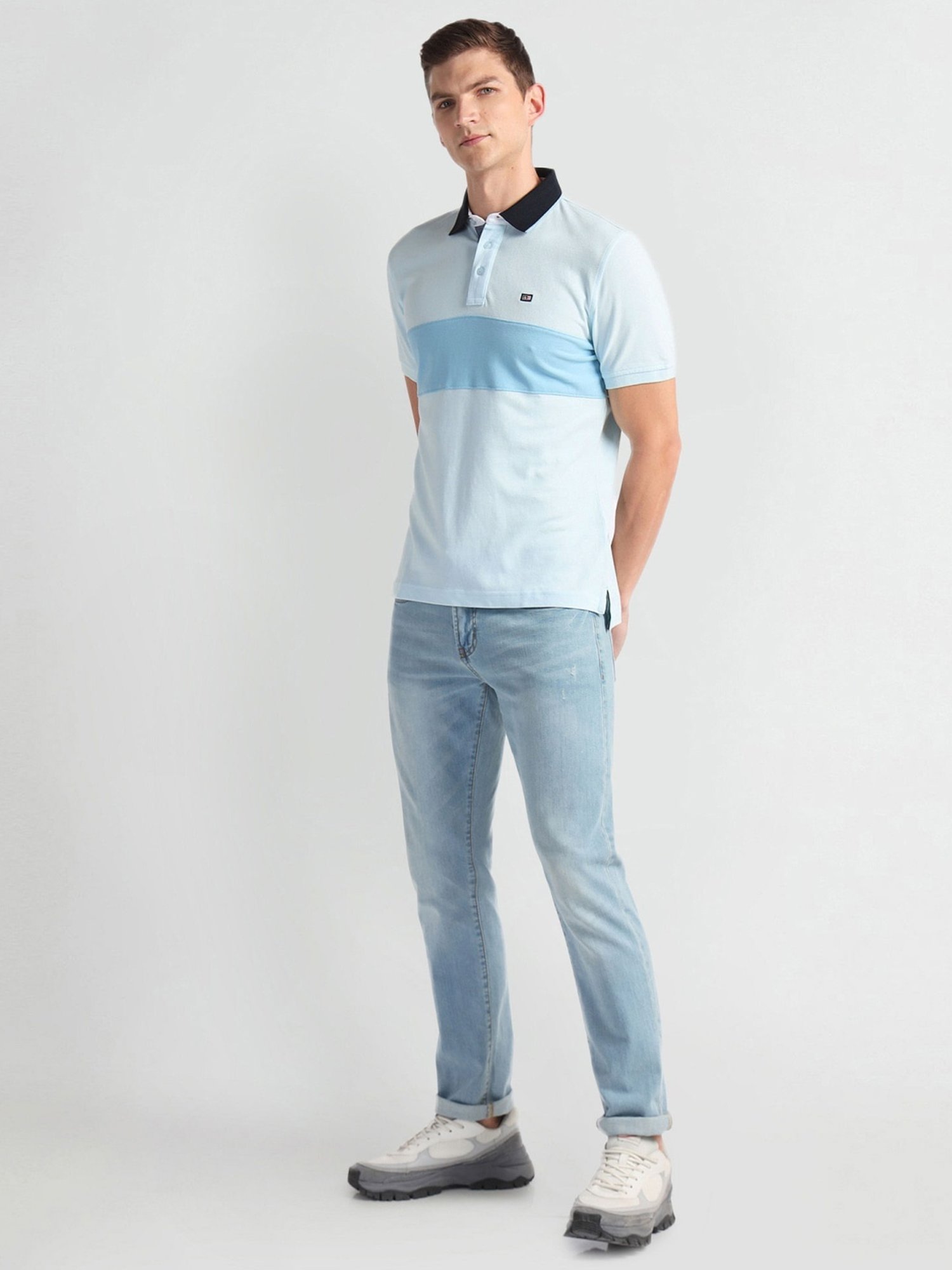 Arrow Sports Blue Cotton Regular Fit Self Pattern Polo T-Shirt