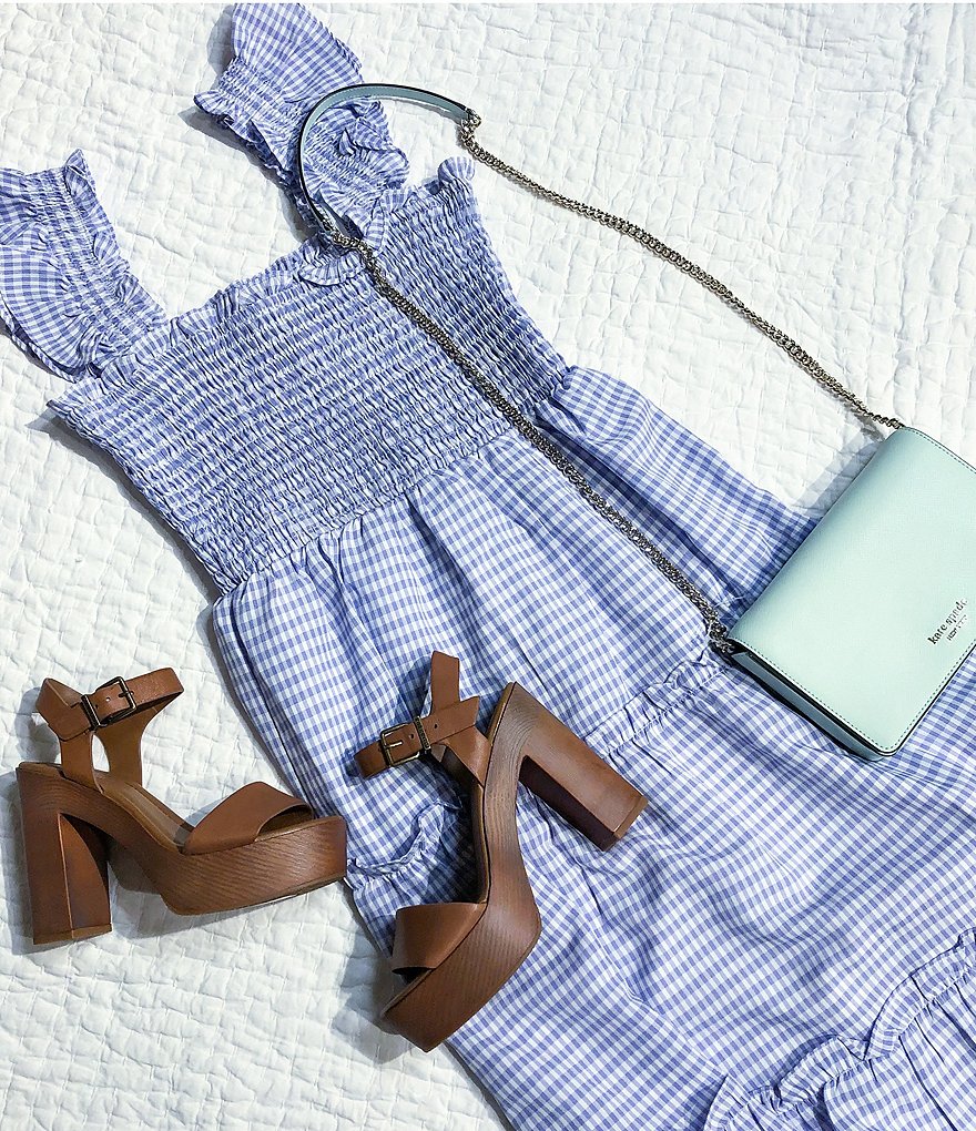 Sugarlips Gingham Square Neck Flutter Shoulder Tiered Smocked Sleeveless Midi Dress