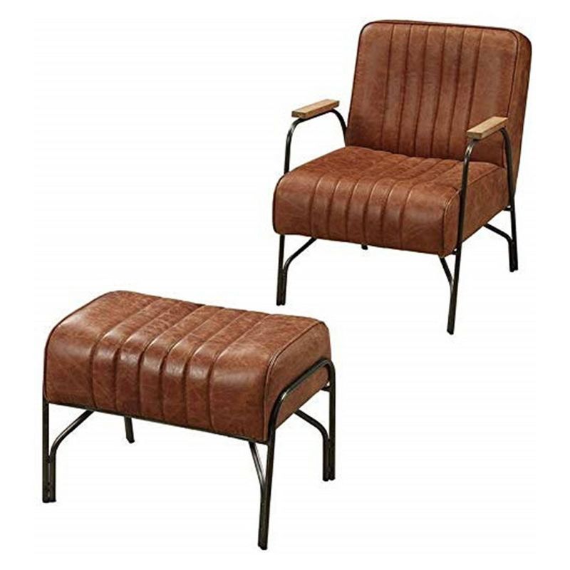 Set of 2 Stitched Faux Leather Upholstered Metal Chair and Ottoman Dark Brown - Benzara