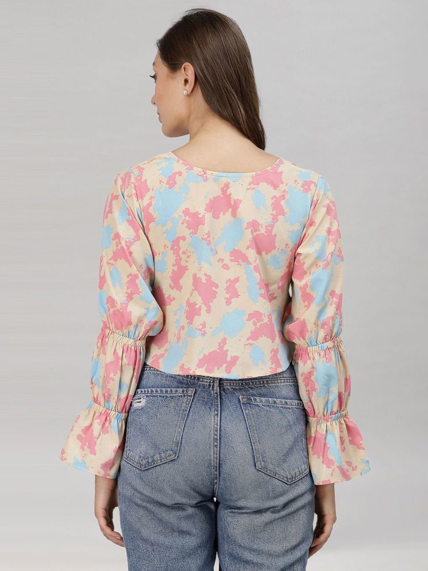 SELVIA Beige & Pink Printed Crop Top