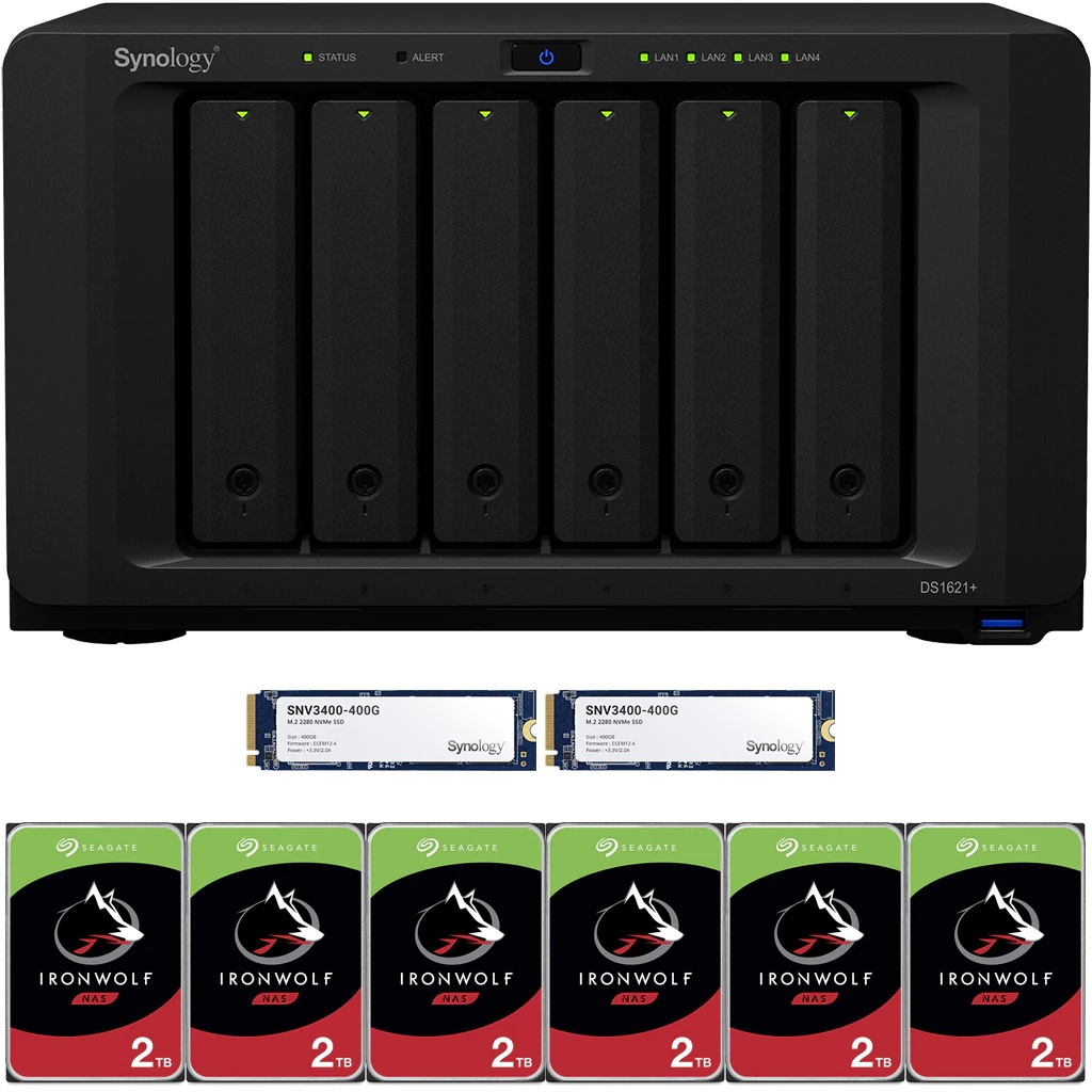 Synology DS1621+ DiskStation with 8GB RAM and 12TB (6 x 2TB) of Seagate Ironwolf NAS Drives and 800GB (2x400GB) NVME Cache Fully Assembled and Tested By CustomTechSales