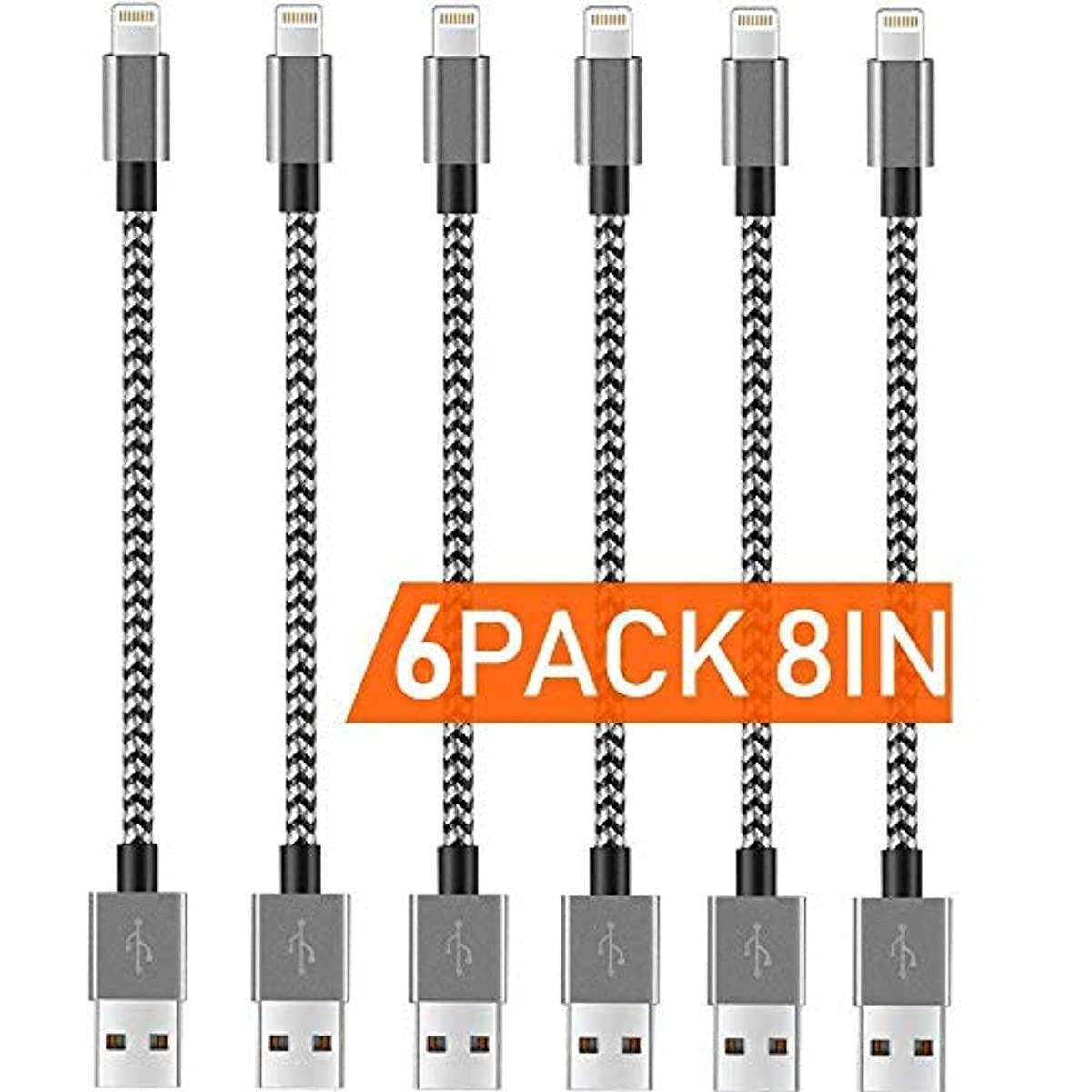 Boost Chargers 6Pack 8INCH Nylon Braided Fast Charging USB Power Charge & Sync Cable Cord for Smartphones, Tablets & Other Gadgets &ndash; Multiple USB Charger Station & Cell Phone - White/Grey