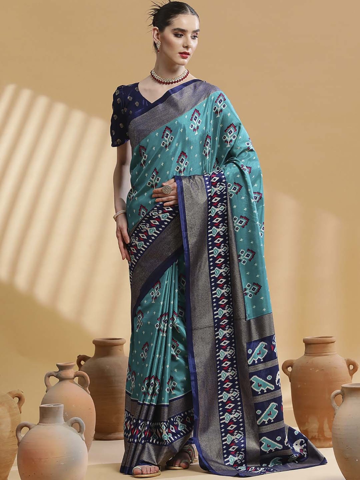 Saree Mall Blue Silk Printed Saree With Unstitched Blouse