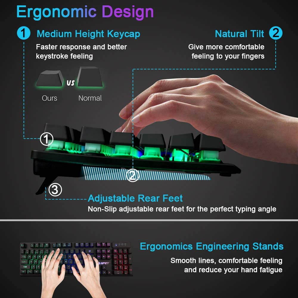 K10 Gaming Keyboard USB Wired Floating Keyboard, Quiet Ergonomic Water-Resistant Mechanical Feeling Keyboard, Ultra-Slim Rainbow LED Backlit Keyboard for Desktop, Computer, PC