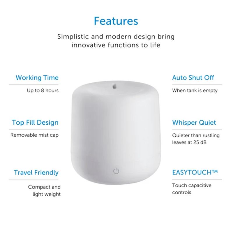 Noma CTI0437332 0.1 Liter Portable Travel Office Ultrasonic Cool Mist Small Room Portable Humidifier with 8 Hour Runtime and Automatic Shutoff, White