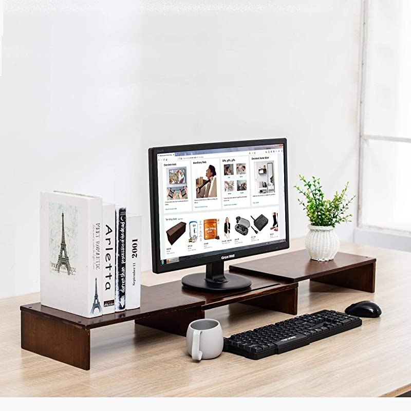 Bamboo Dual Monitor Stand Riser with Length and Angle Adjustable, 3 Shelf Multifunctional Screen Desktop Organizer for Laptop Computer, TV, PC, Printer, Multi Media Speaker-Walnut &hellip;