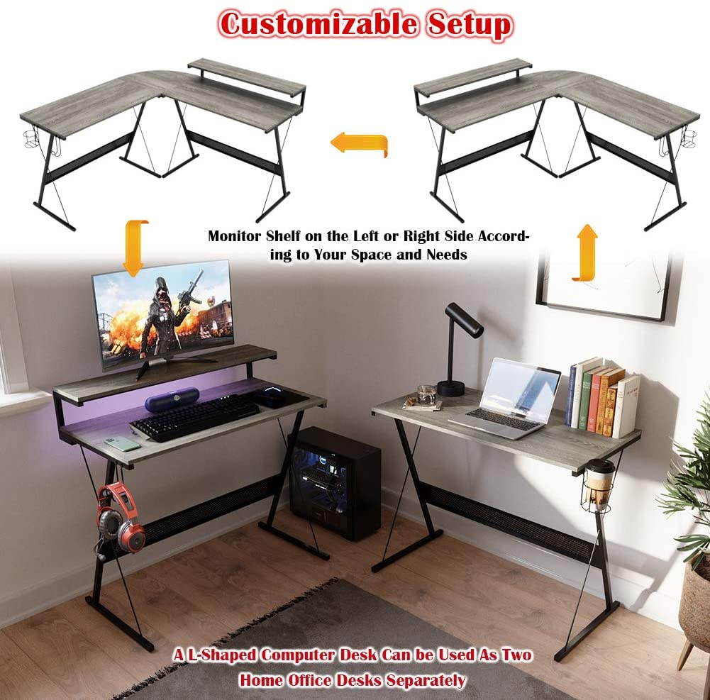 Bestier 55.2" Gaming Desk Racing Style PC Computer Desk L-Shaped Desk Corner Home Office Table with Ergonomic Monitor Stand & RGB Strip Light & Multifunctional Hook (Black Carbon Fiber)