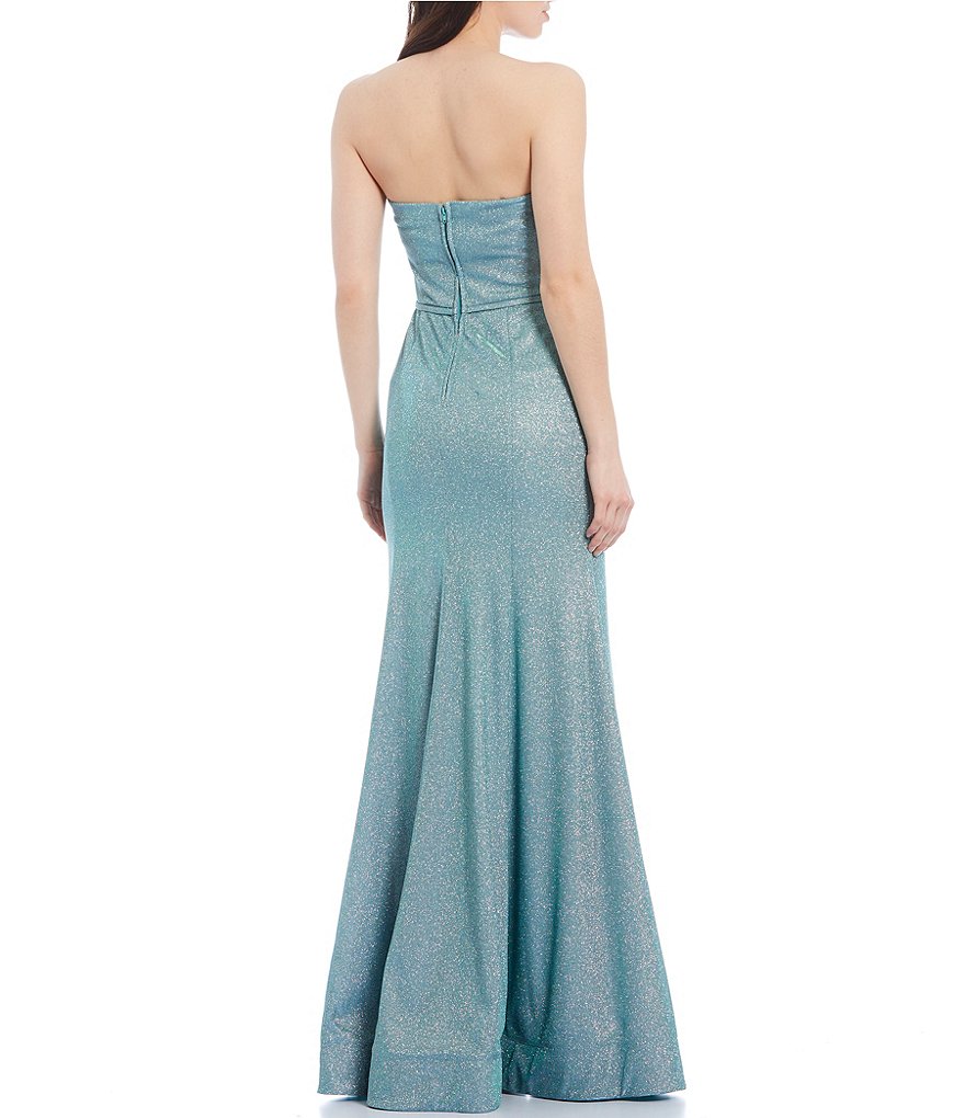 City Vibe Strapless Shimmer Shine Side Slit Trumpet Dress