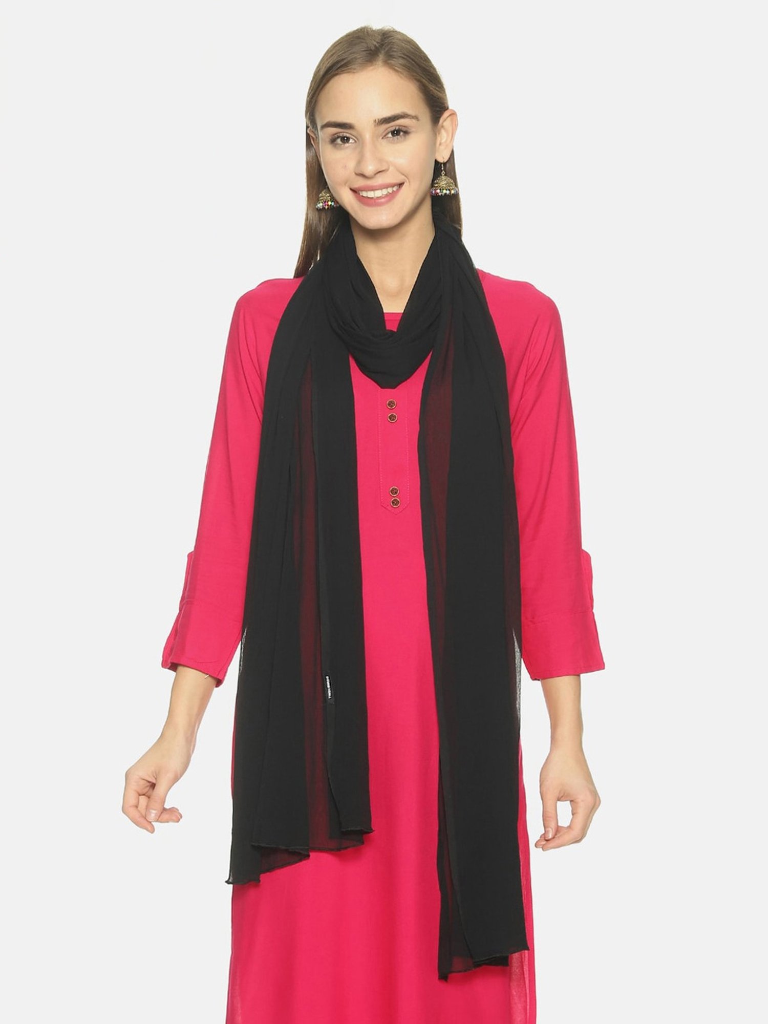 TWIN BIRDS Black & Red Plain Dupatta - Pack Of 2