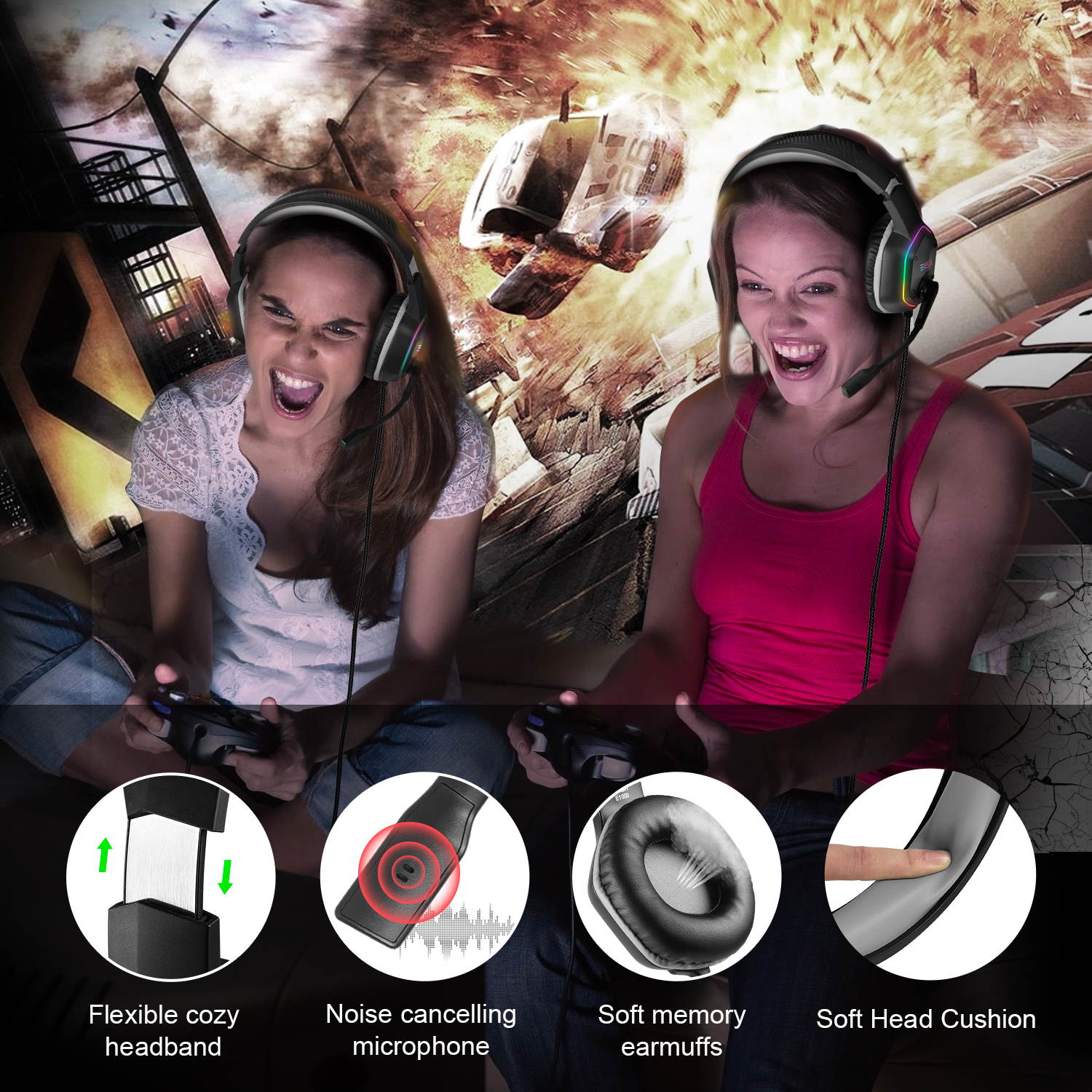 EKSA E1000 Gaming Headset 7.1 Virtual Surround Gaming Headphones Wired USB Earphone With LED RGB Light Mic For Computer/PC/PS4 Gray/Green