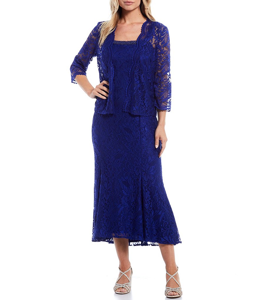 Le Bos Beaded Lace 2-Piece Jacket Square Neck Sleeveless Dress