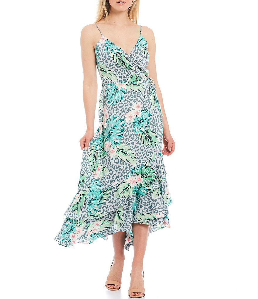 Adelyn Rae Animal & Palm Print Wrap Midi Dress