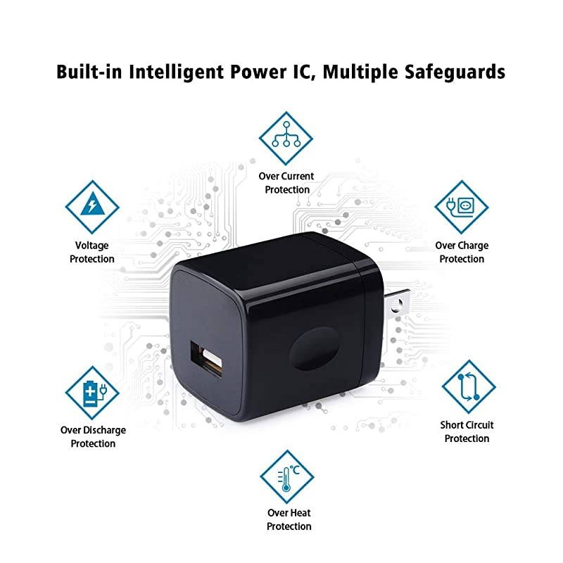 Single USB Port Wall Charger,  1A/5V Wall Plug USB Power Adapter 6 Pack Compatible Phone 11Pro Max XS XR 8 7 6 Plus 5, Samsung Galaxy s10e S10 S9 S8 Plus,Nexus, Moto,G7 V40 V30+, BlackBerry