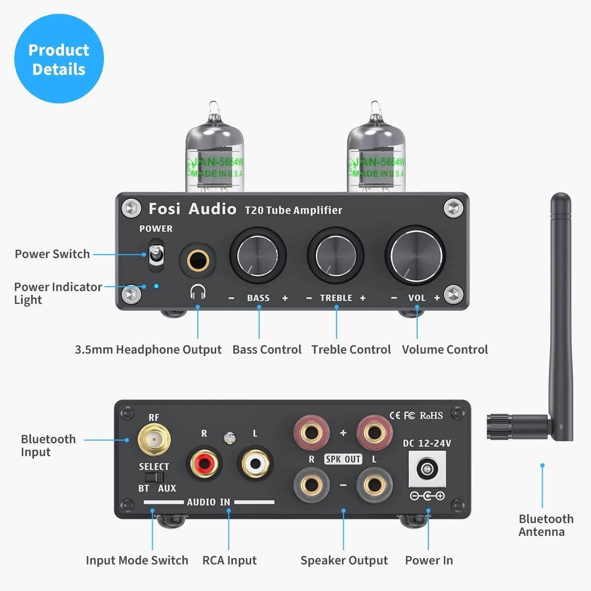 Fosi Audio T20 with 5654W Tube+ Bluetooth Antenna - Male Plug 6dBi 2.4GHz Single Band WiFi Antenna