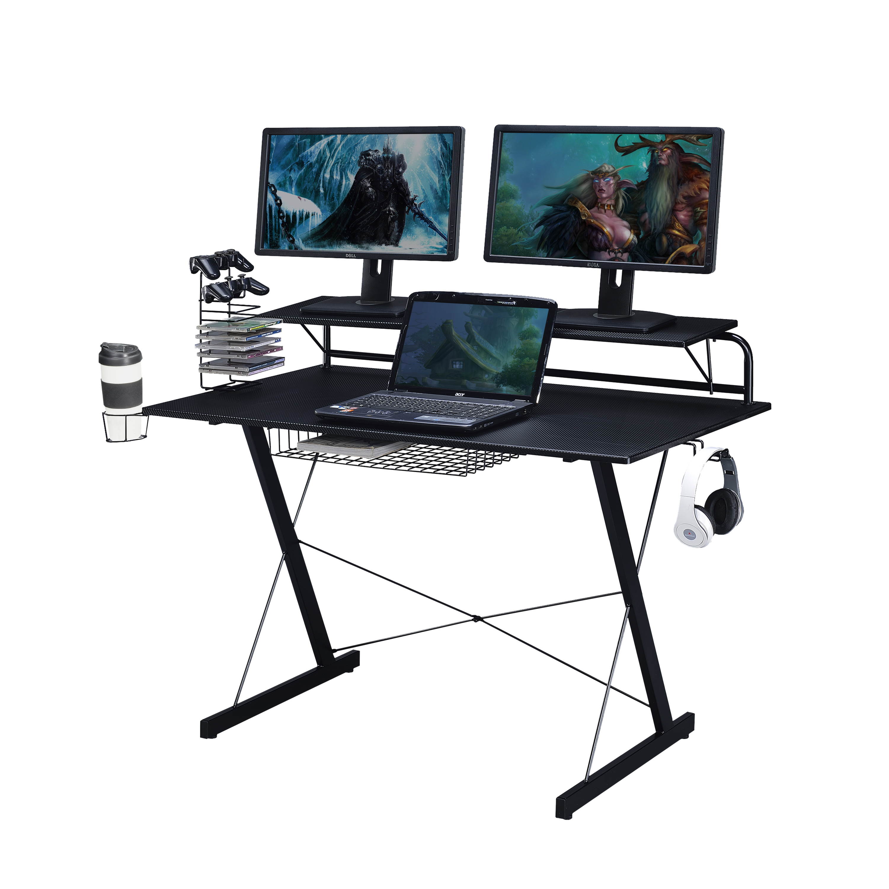 Carbon Computer Gaming Desk with Shelving Cup Holder Adjustable Racks and Storage,as a student desk or in a home office, Black
