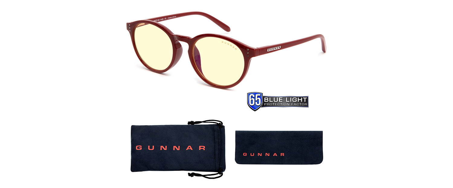 gaming glasses | blue light blocking glasses | attache/dark red by gunnar | 65% blue light protection, 100% uv light, antireflective to protect & reduce eye strain & dryness