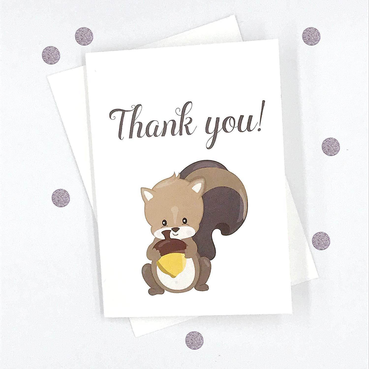 12 pk Woodlands Thank you Cards, Fox, Squirrel, Hedgehog & Skunk Baby Shower Cards (Baby-434-Squirrel)