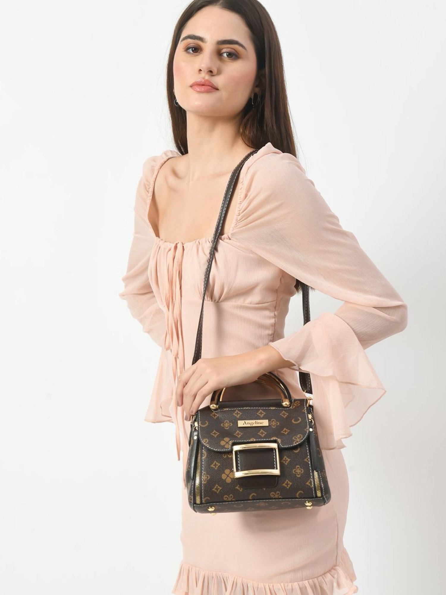 Angeline Brown Printed Medium Satchel Handbag