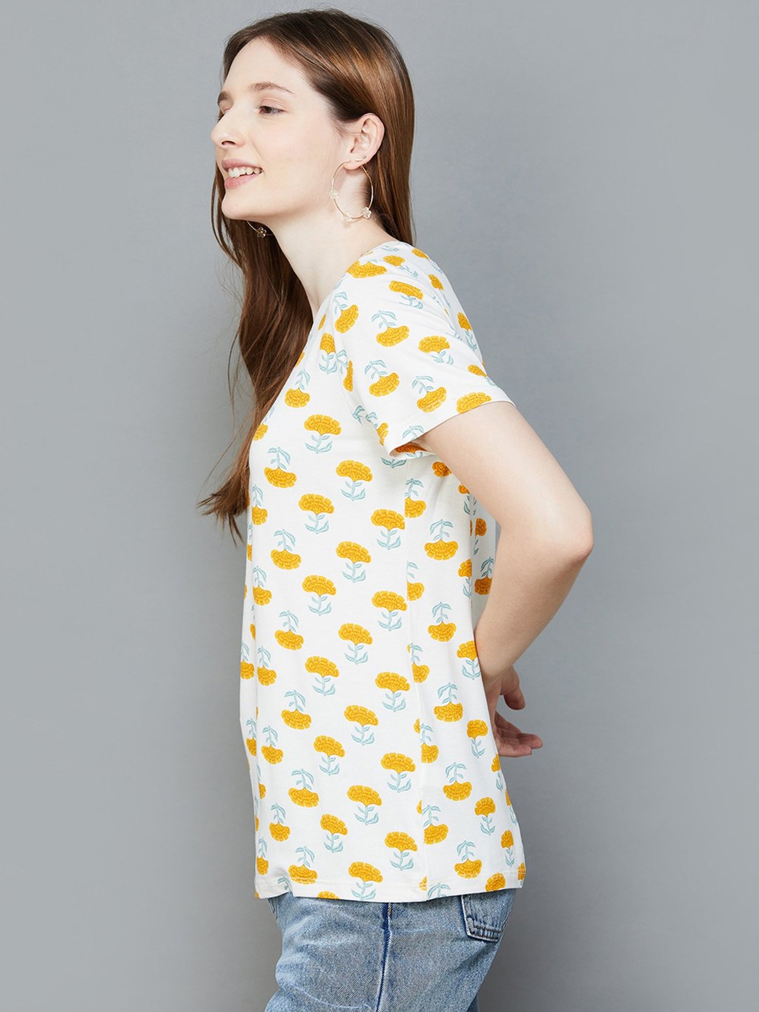 Colour Me by Melange Off-White Floral Print T-Shirt