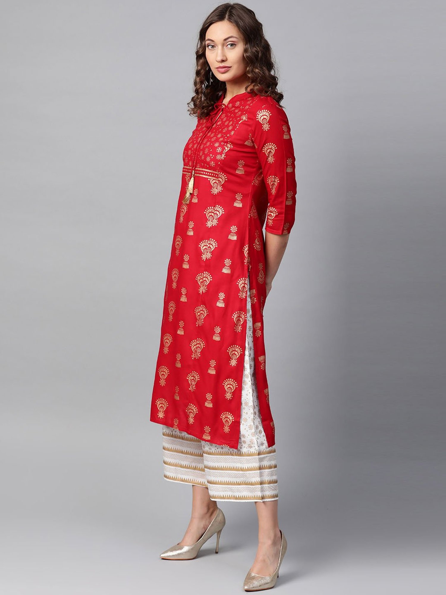 Anubhutee Maroon & White Printed Kurta Palazzo Set