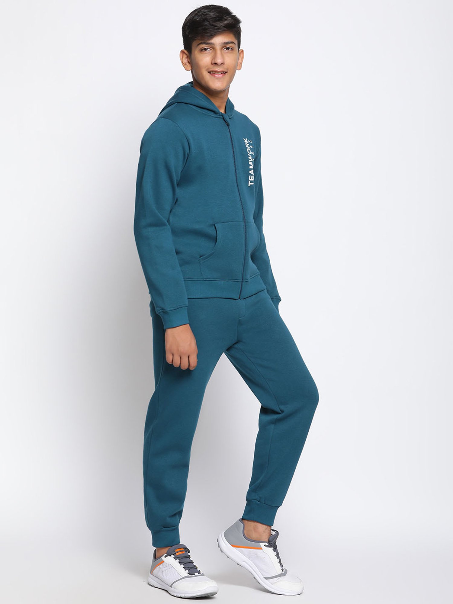 Lil Tomatoes Kids Teal Solid Full Sleeves Hoodie with Trackpants