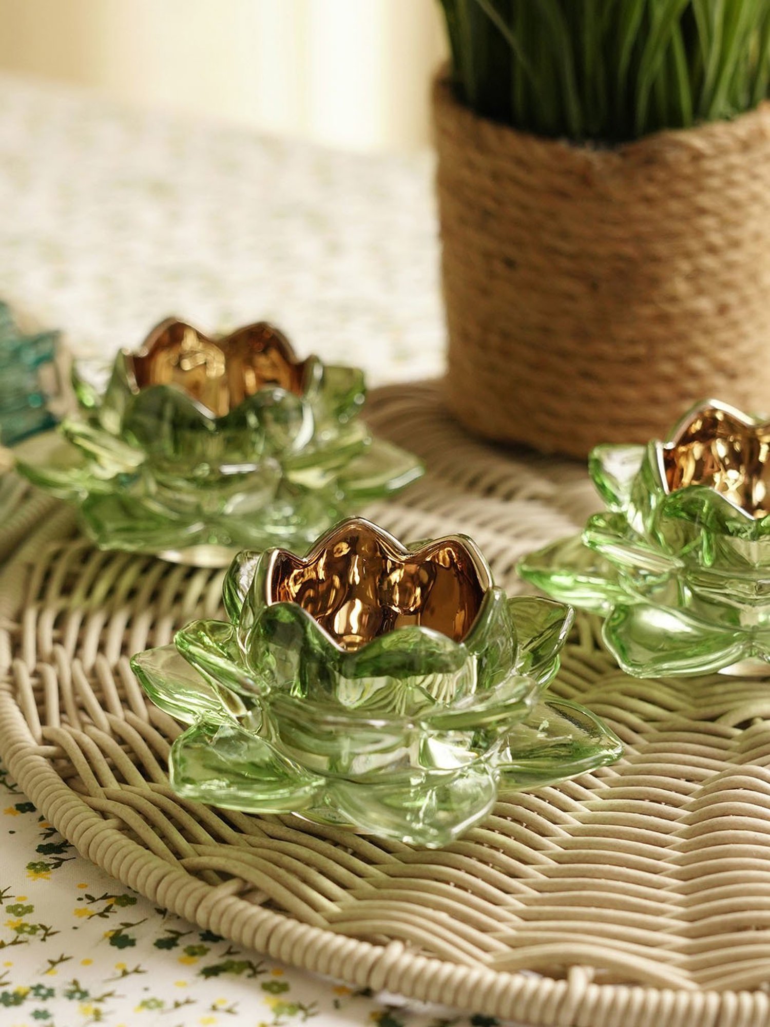 Pure Home and Living Green Glass Lotus Shaped Tealight Holder - Set of 2