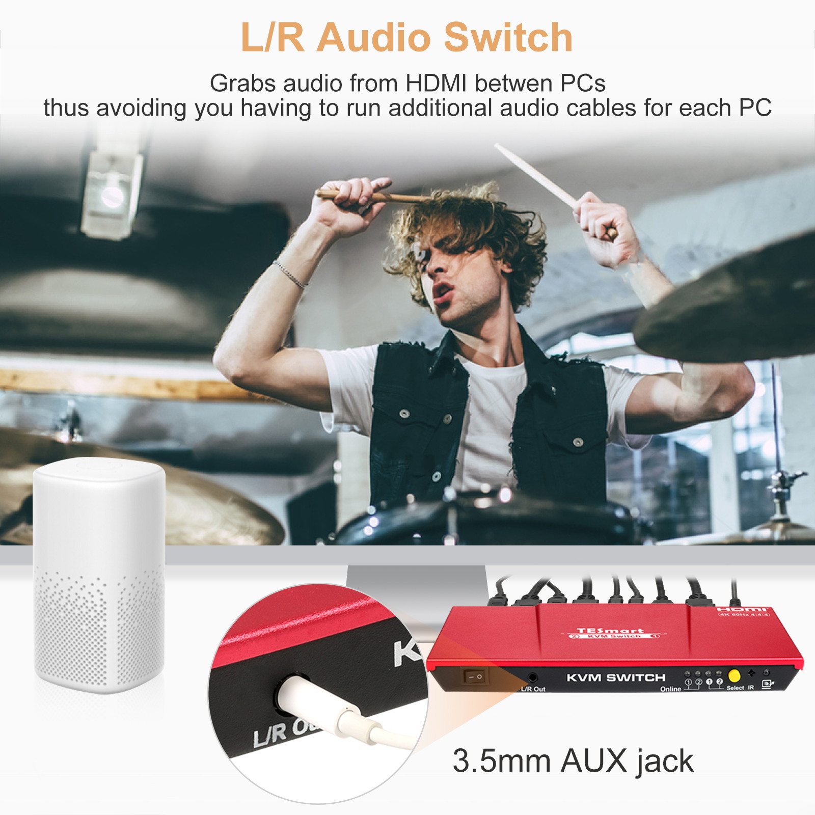 TESmart HDMI KVM Switch 4 ports 4 in 1 out  , support 4k 3840*2160@60Hz 4:4:4  Support HDR 10 and Dolby Vision ,Complaint with HDCP 2.2, With USB2.0 and audio output ports