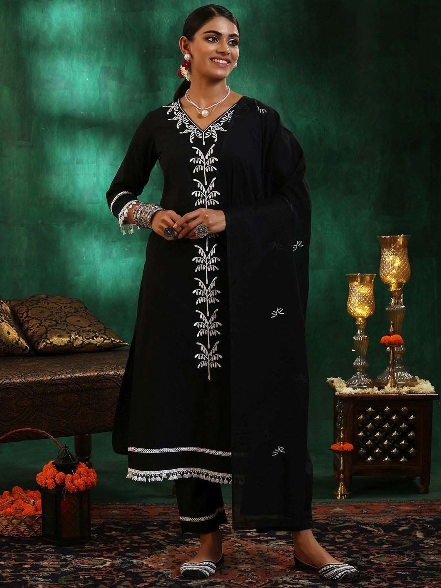 Libas Black Cotton Embroidered Kurta Pant Set With Dupatta