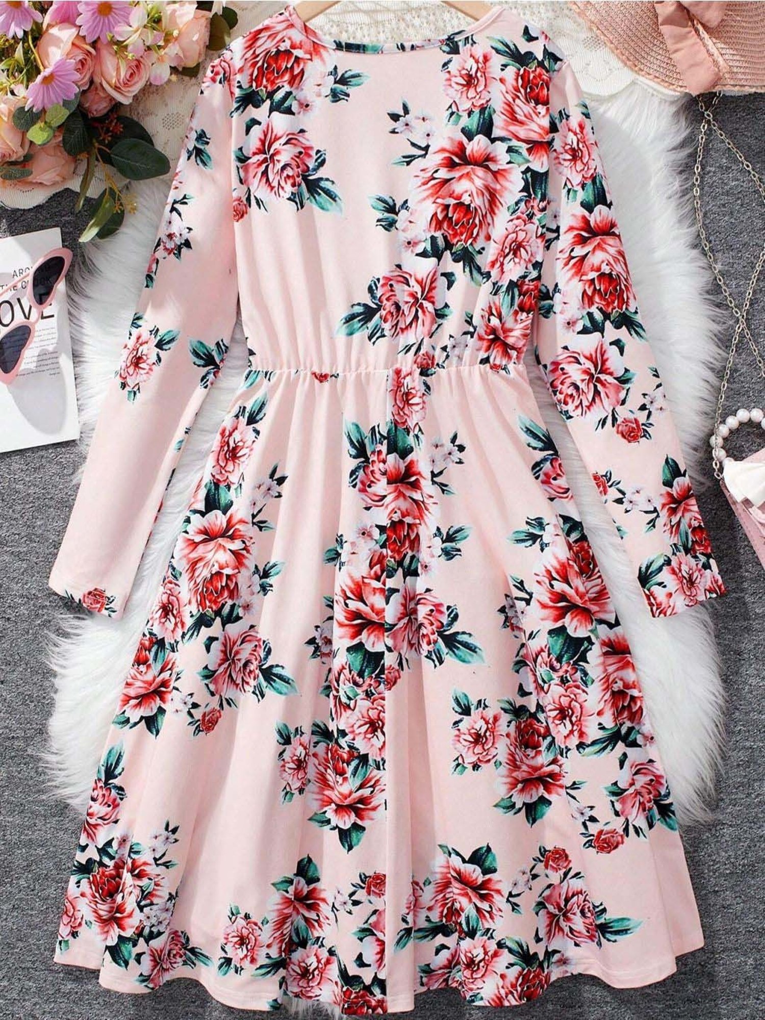 Bolly Lounge Girls Baby Pink Floral Full Sleeves Dress