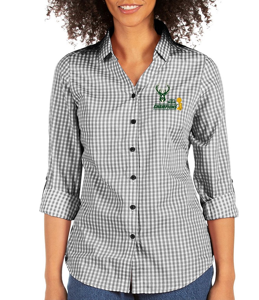 Antigua Women's Milwaukee Bucks 2021 NBA World Champions Structure Long-Sleeve Woven Shirt
