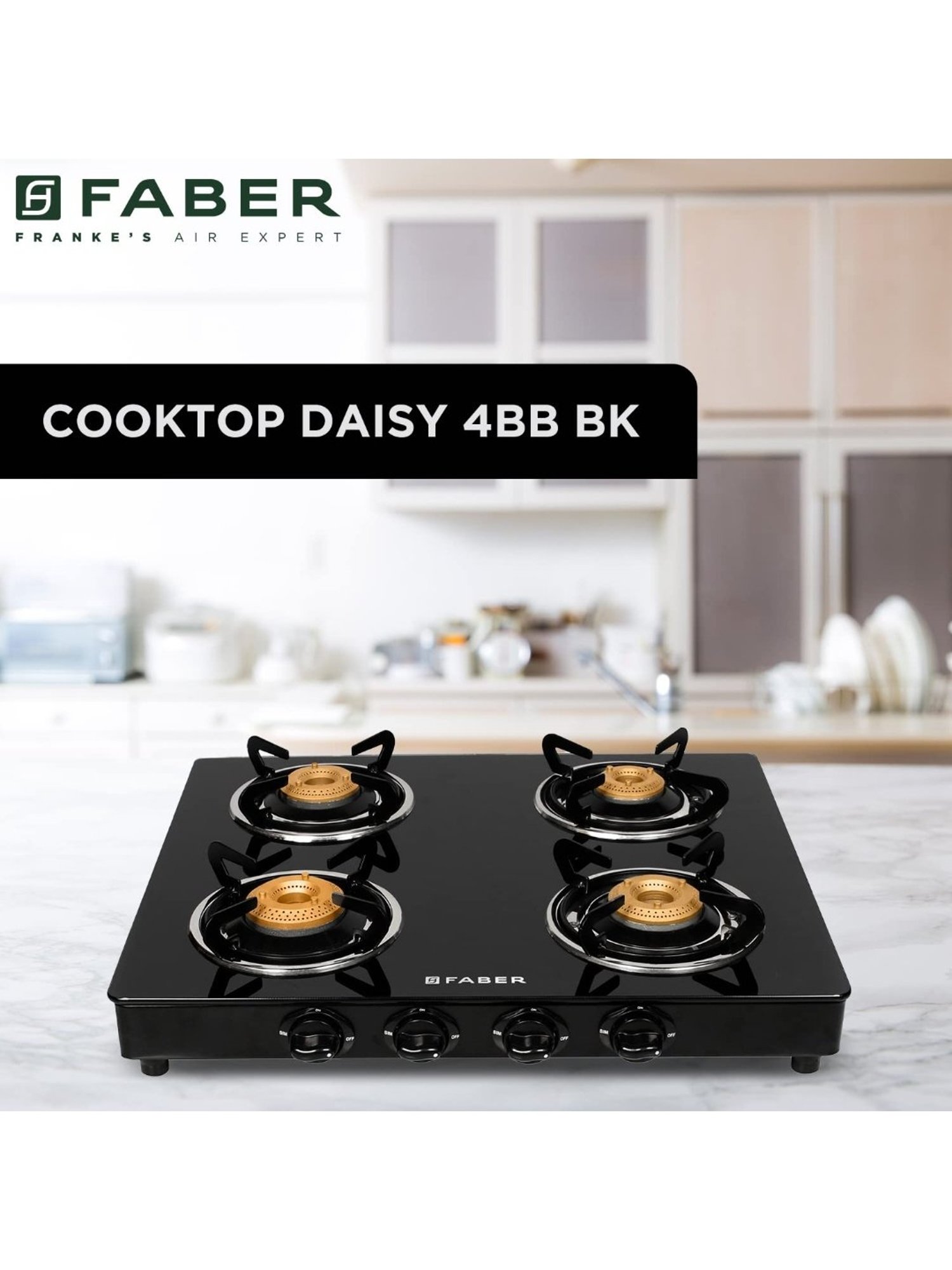 Faber Glass Top 4 Burner Gas Stove with Powder Coated Pan Support & Manual Ignition (Black)