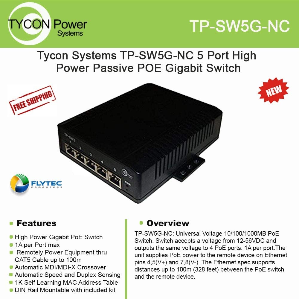 Tycon Systems TP-SW5G-NC 5 Port High Power Passive POE Gigabit Switch - 12-56V
