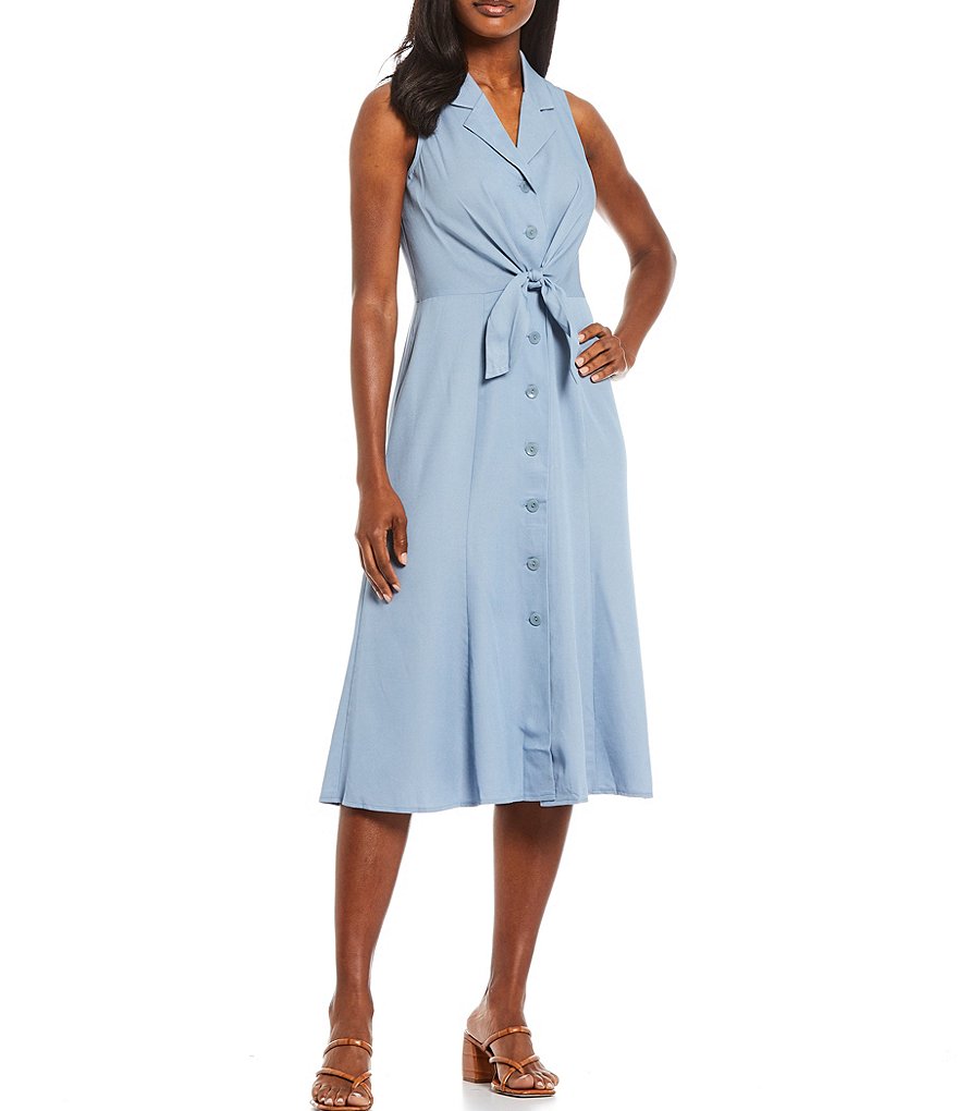London Times Petite Size Tie Front Chambray Midi A-Line Shirtdress