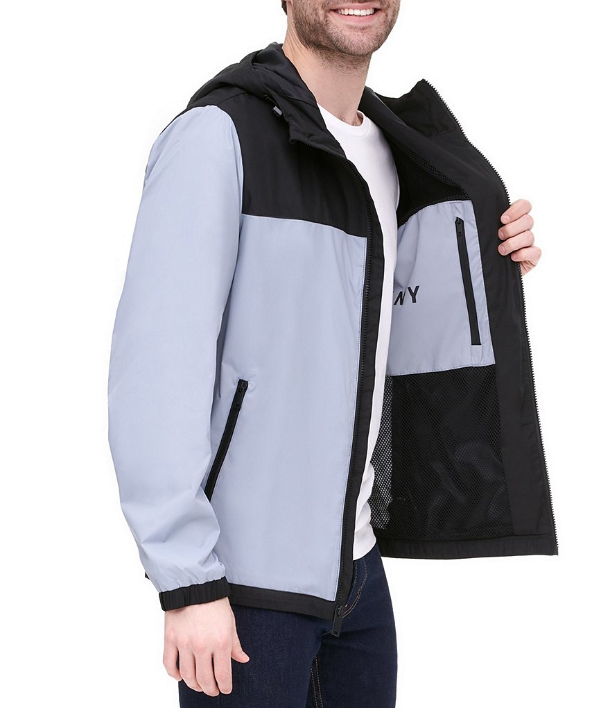 DKNY Long-Sleeve Mixed-Media Color-Block Hooded Rain Slicker