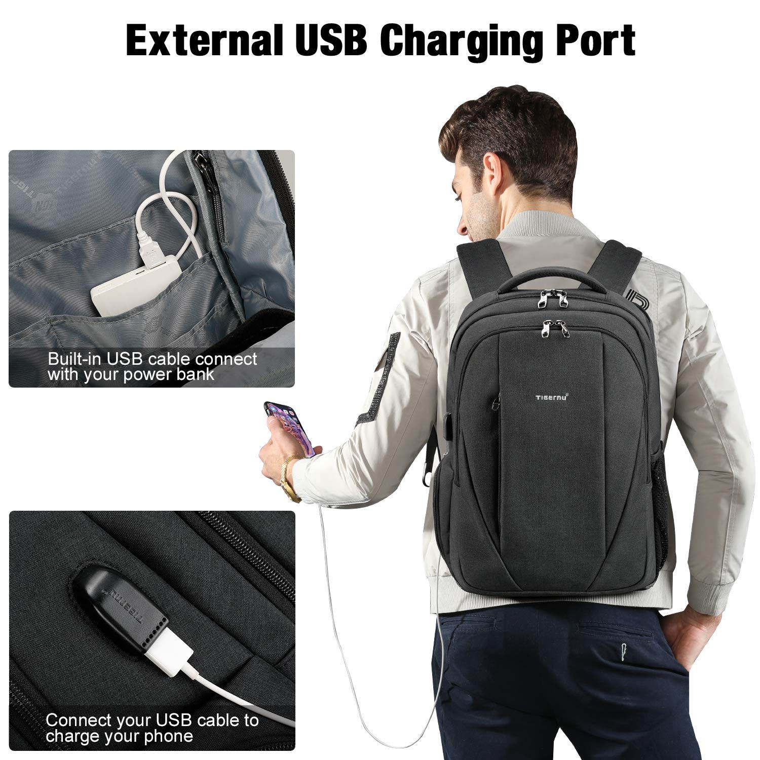 Tigernu Laptop Backpack,Business Travel Anti Theft Slim Durable Laptops Backpack with USB Charging Port,Water Resistant College School Computer Bag for  15.6 Inch Laptop and Notebook - Black