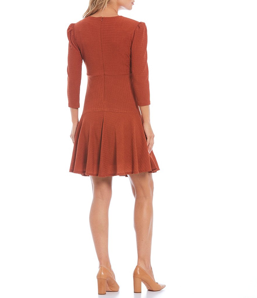 Maison Tara 3/4 Sleeve Ripple Knit Surplice V-Neck Fit-and-Flare Dress