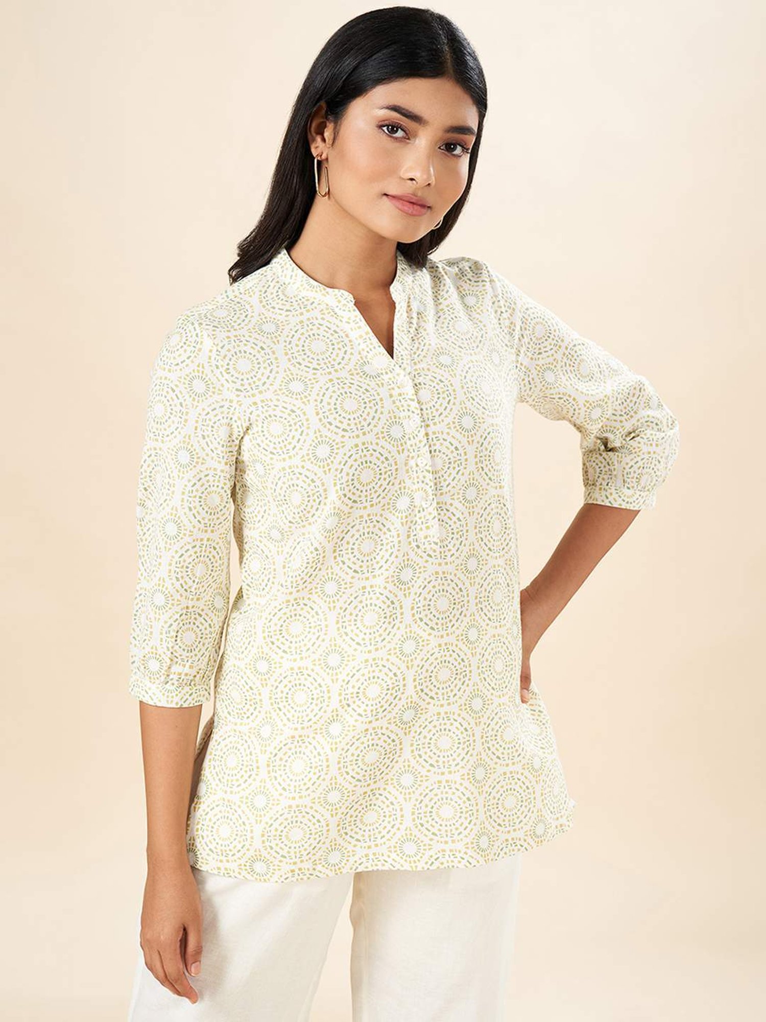 Akkriti by Pantaloons Beige Cotton Printed Tunic