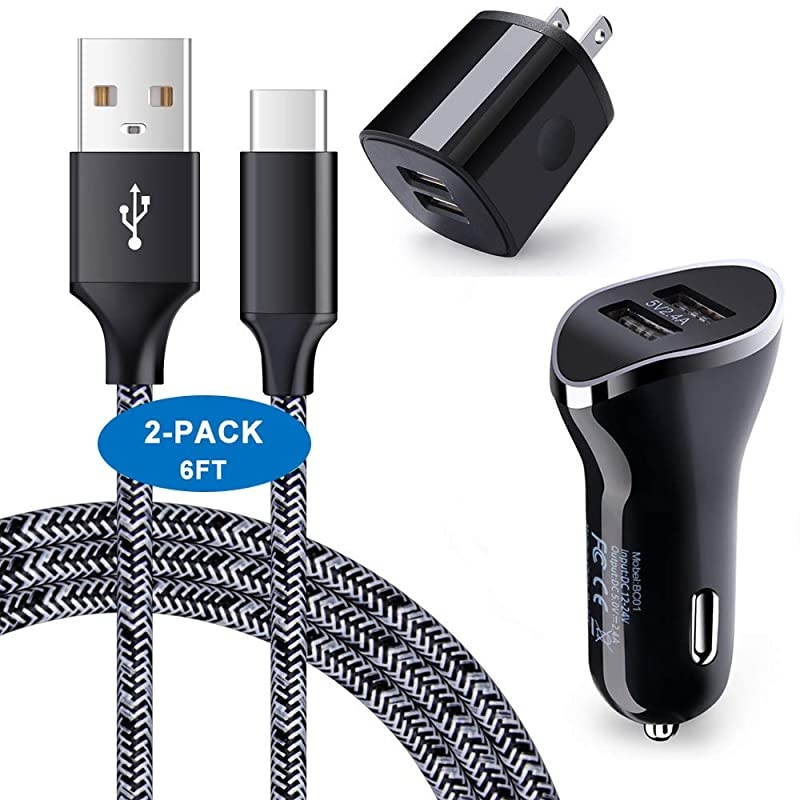 Type C Charger Compatible with Samsung S10 S9 S8 Note 10 9 8 A50 A20 A10E, LG G8 G7 ThinQ, Google Pixel 4 3a 3 2 XL, Dual USB Car Charger+Wall Charger Block+2Pack 6FT USB C Fast Charging Cables