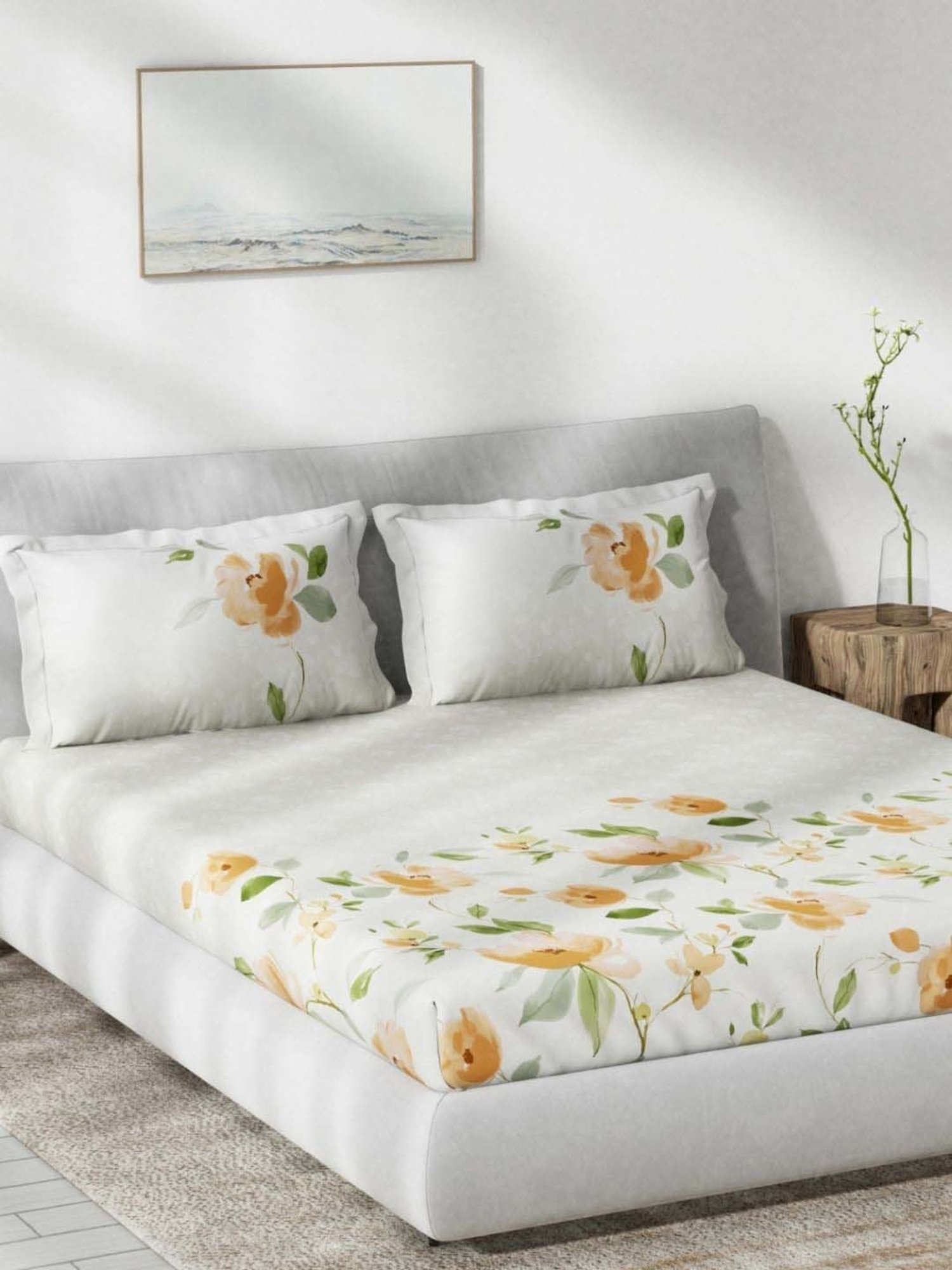 DDecor Syrah Floral Orange Cotton 136 TC Double Bedsheet With 2 Pillow Covers