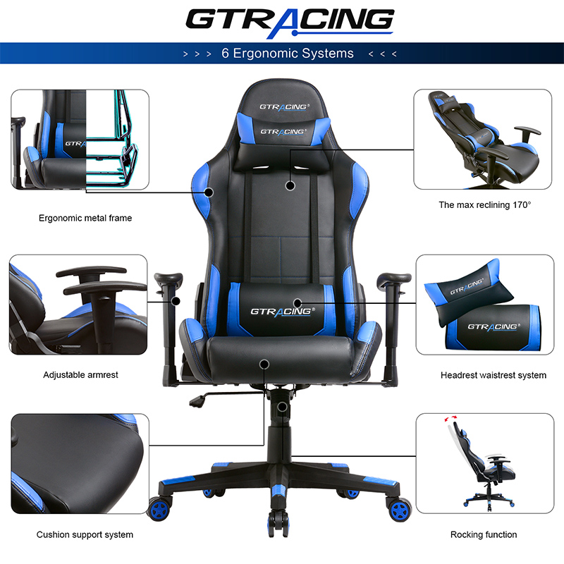 GTRACING Gaming Chair Ergonomic Racing Desk Chair PU Leather High-Back Adjustable Professional E-Sports Chair with Headrest and Lumbar Pillows GTBEE Series
