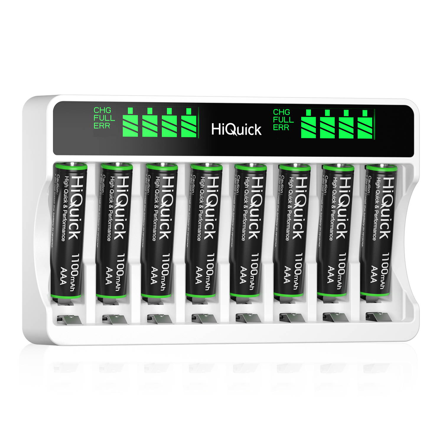 HiQuick 8 Packs 1100mAh 1.2V AAA Rechargeable Batteries + 8 Bay Independent LCD Battery Charger for Ni-MH Ni-CD Battery