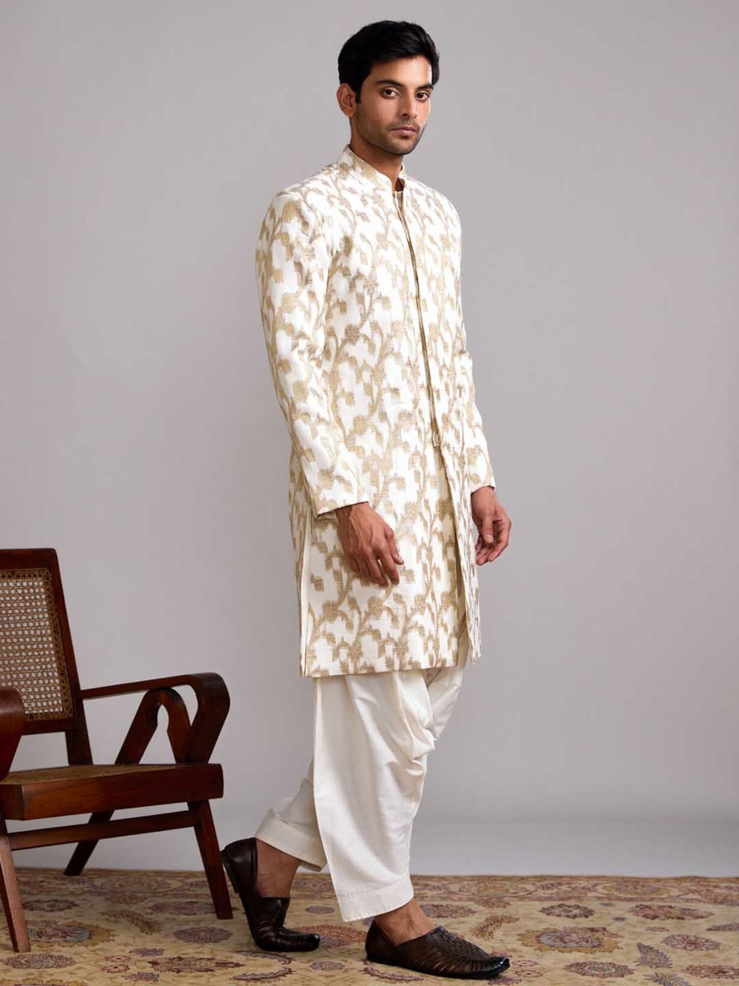 Abhishti Cream Straight Fit Banarasi Printed Kurta & Salwar Set