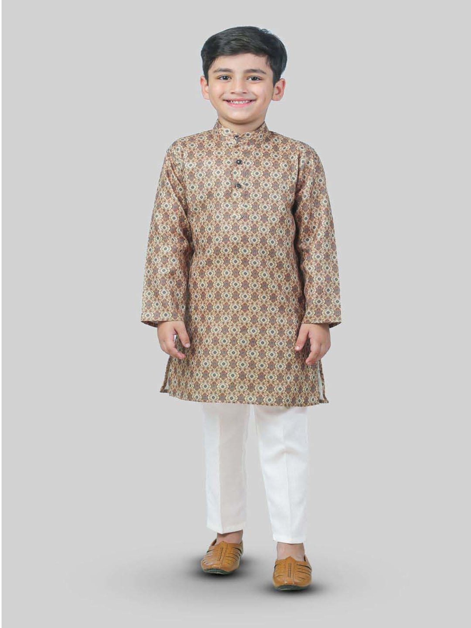 Ahhaaaa Kids Cream & White Cotton Handloom Full Sleeves Kurta Set