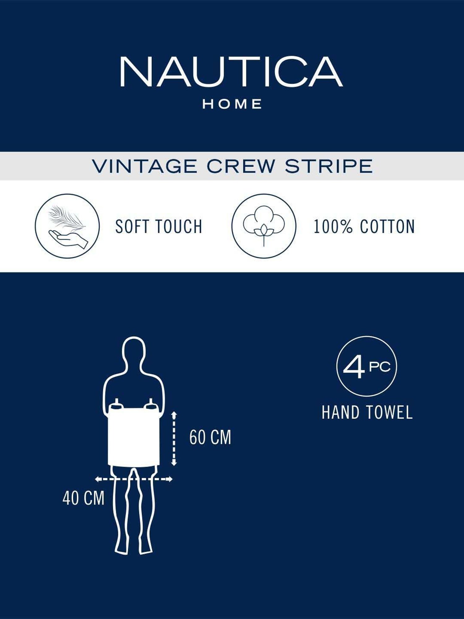 Nautica Vintage Crew Stripe Grey Cotton 500 GSM Super Soft Zero Twist Hand Towel - Set of 4