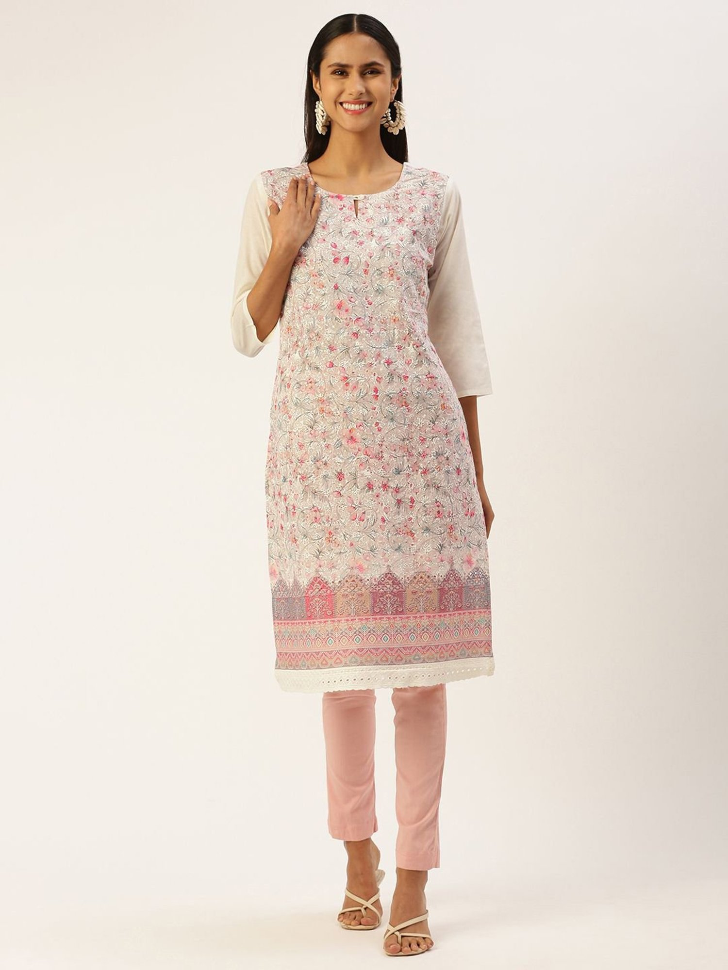 SHANVIKA Cream Embroidered Cotton Straight Kurta