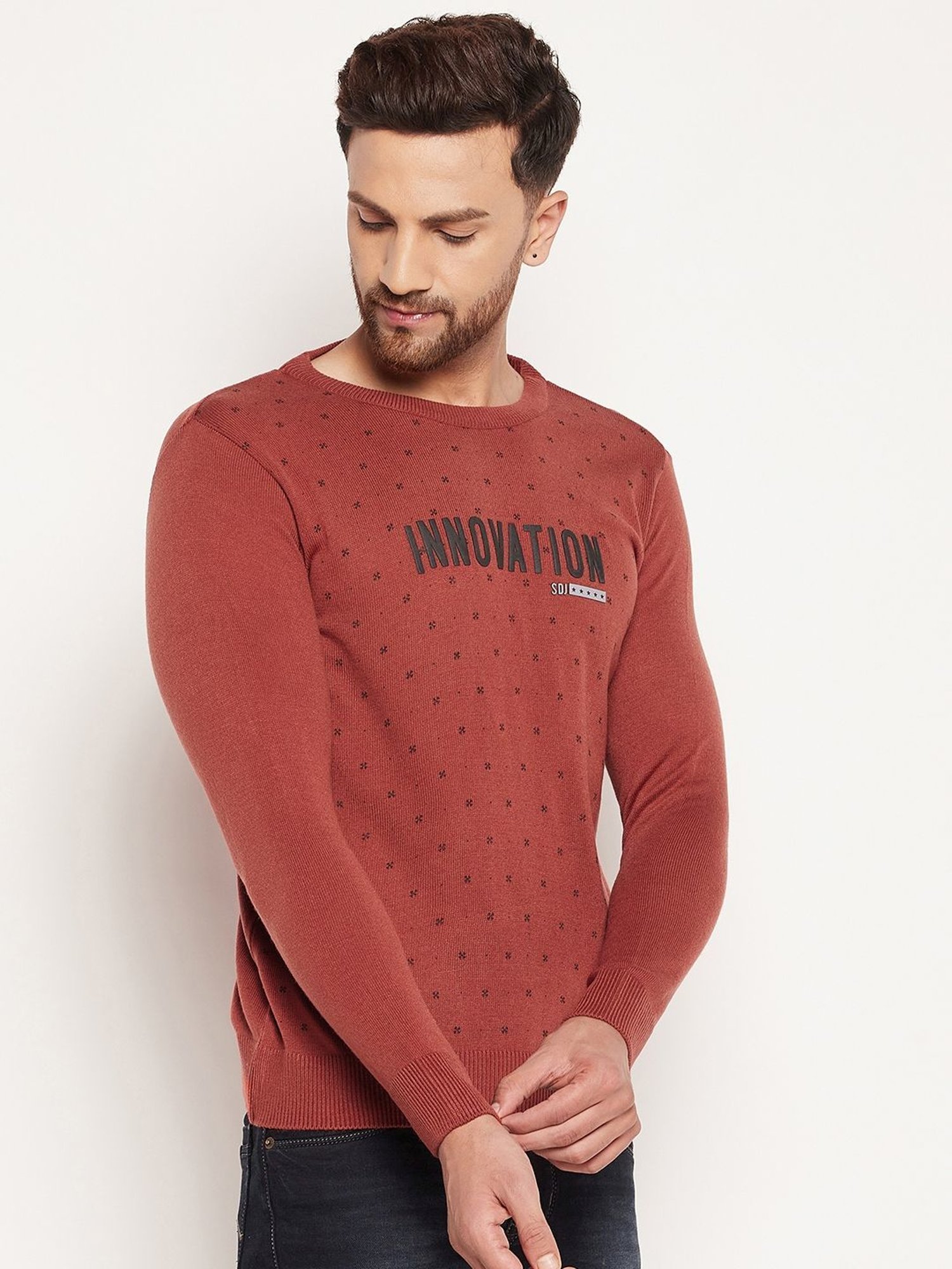 Duke Rust Slim Fit Printed Sweater