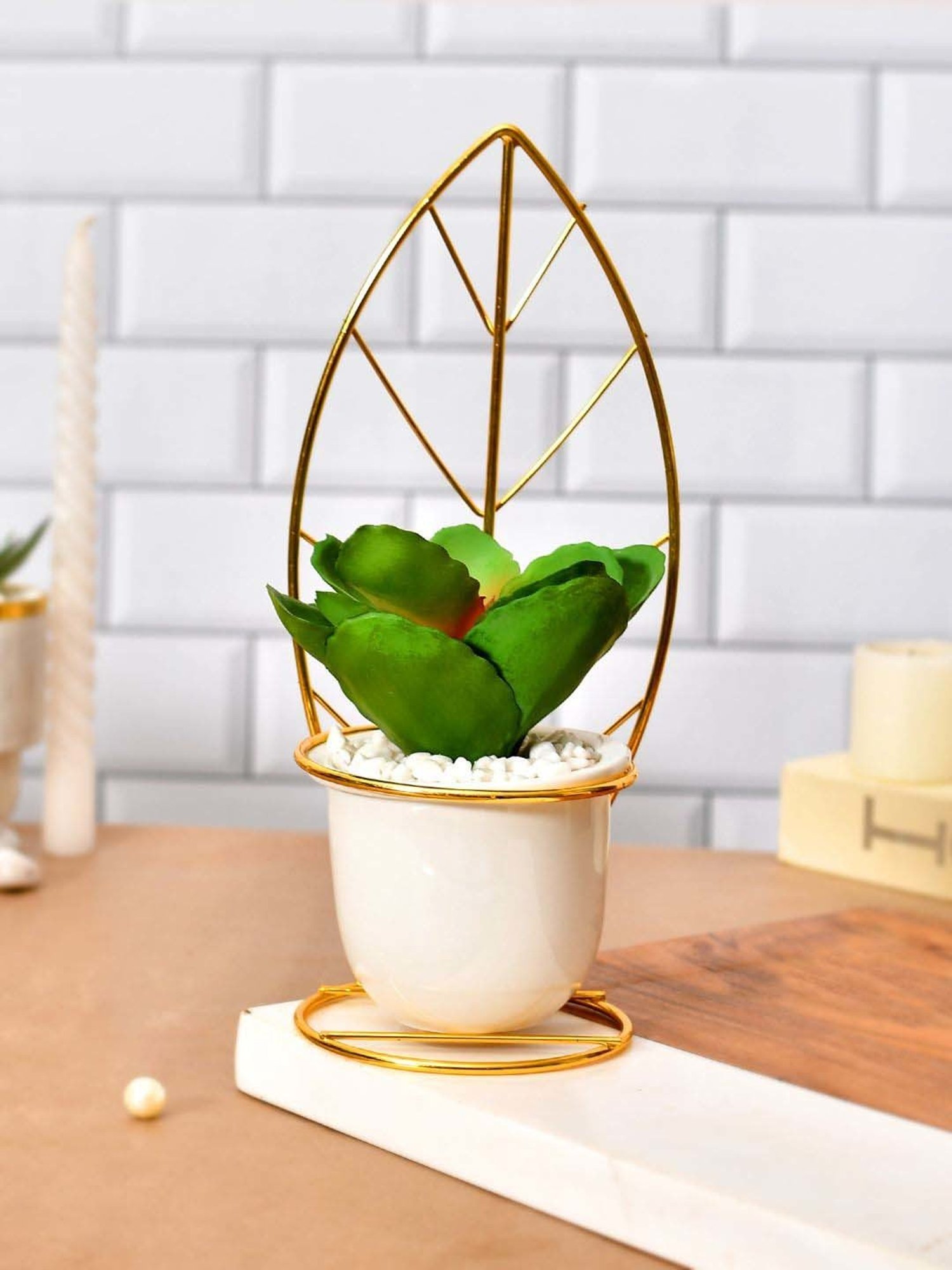 Tayhaa White & Golden Ceramic Leafy Artificial Plant With Pot